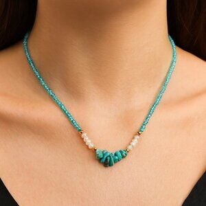 Turquoise Beaded Necklace with Pearls and Gold Accents